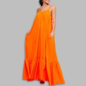 Orange Maxi Slip Dress with Ruffle Hem - Women